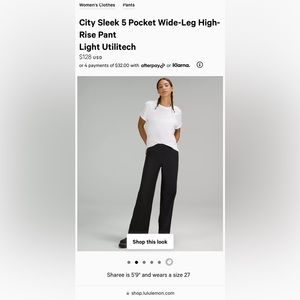 Lululemon City Sleek 5 Pkt Wide Leg *L Utilitech - Black, Size 26. NWT.